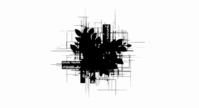 Abstract silhouette of leaves integrated with geometric lines and shapes on a white background.