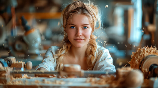 Female wood turner in the wood workshop