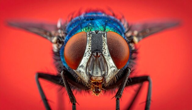 Extreme macro portrait of a metallic bluebottle fly with large orange compound eyes on a red background