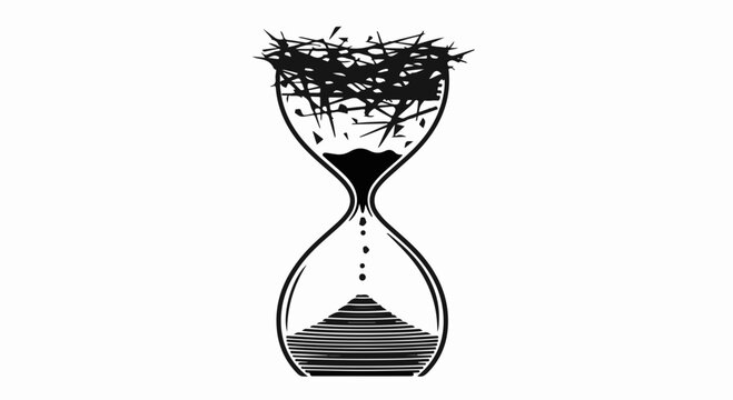 Hourglass overflowing with chaotic thoughts and falling sand representing stress and lost time.