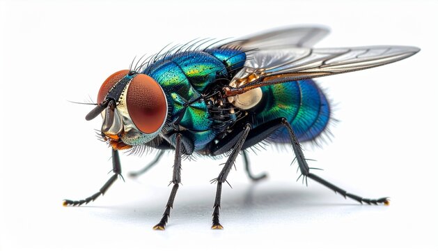 Detailed Macro Shot of a Metallic Blue Bottle Fly Isolated on White Background
