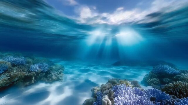 Clear blue underwater seascape with coral reef and sunbeams, tropical ocean surface, marine nature background, peaceful aquatic environment, realistic wide view coral reef