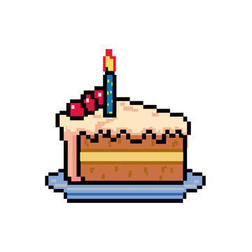 Colorful pixel art of birthday themed icon birthday cake slice with candle. Retro 8-bit vector graphic design	