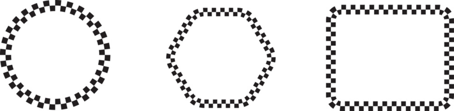 Geometric Pattern Abstraction: A collection of meticulously crafted geometric shapes, a circle, a hexagon, and a square, each rendered with a repeating pattern along their edges.