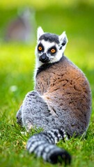 Fototapeta premium Curious Ring-tailed Lemur Sitting on Lush Green Grass and Looking Directly at Camera