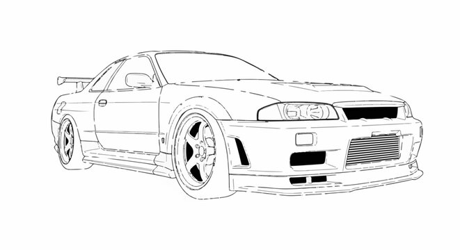 Stylized line art drawing of a sporty coupe with a large rear spoiler