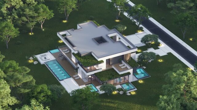 4K video rendering of two-story house with parking and pool for sale or rent with concrete facade and beautiful landscaping Clear summer evening with cozy light from window