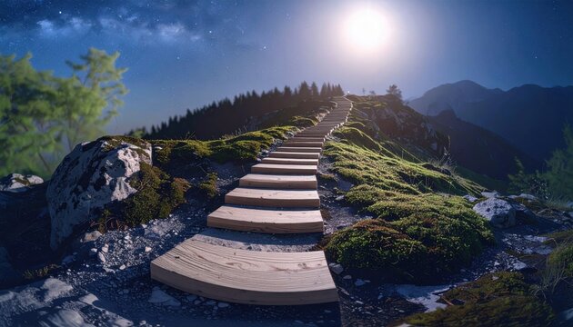 Wooden stairs ascend a lush mountain path towards the bright sun and clear blue sky