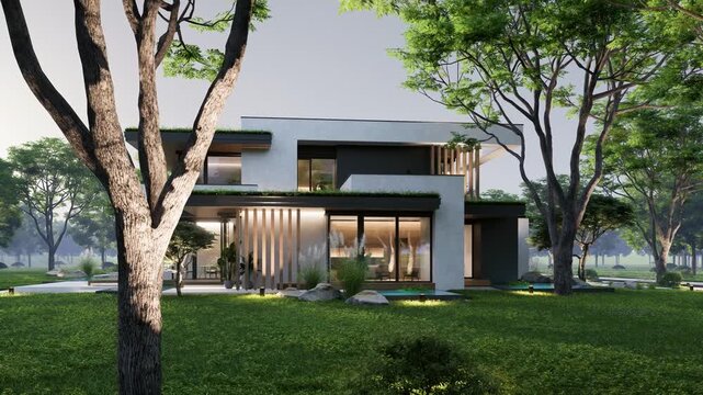 4K video rendering of two-story house with parking and pool for sale or rent with concrete facade and beautiful landscaping Clear summer evening with cozy light from window