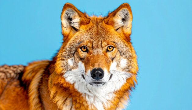 Portrait of a Vibrant Red Wolf with Intense Orange Eyes Against a Solid Blue Background