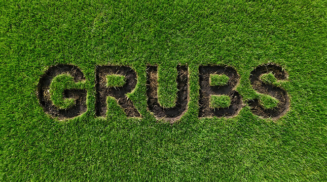 Word grubs carved into a lush green lawn showing the soil underneath to highlight pest infestation and garden maintenance issues.