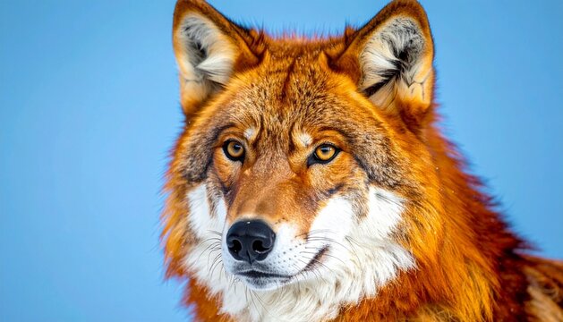 Portrait of a Vibrant Red Wolf with Intense Orange Eyes Against a Solid Blue Background