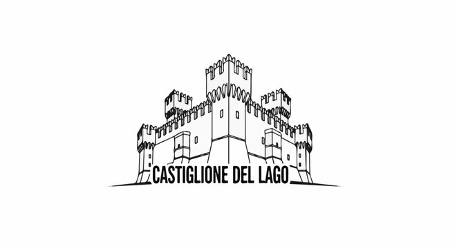 Stylized line art illustration of a medieval fortress with battlements and towers