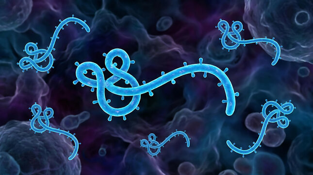 Microscopic view of Ebola virus particles with characteristic filamentous and hooked shapes floating in a dark cellular environment representing an infectious disease outbreak.