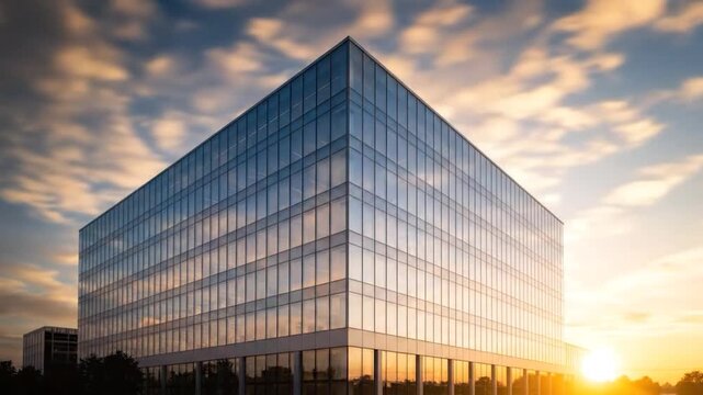 Modern Glass Office Building Exterior at Sunset and Sunrise.