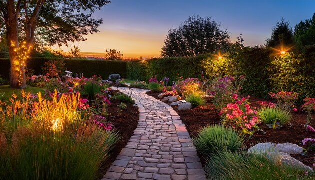 a beautifully landscaped garden with a stone path winding through vibrant flower beds illuminated by warm lights at dusk ideal for real estate listings landscaping websites or home decor magazines