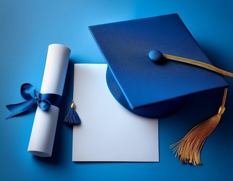 blue graduation cap or hat with degree paper on blue card wallpaper convocation concept degree invitation card