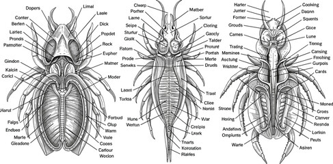 Detailed scientific vector illustration showing the complex internal anatomy and labeled biological structures of three different insect species © MdNipon