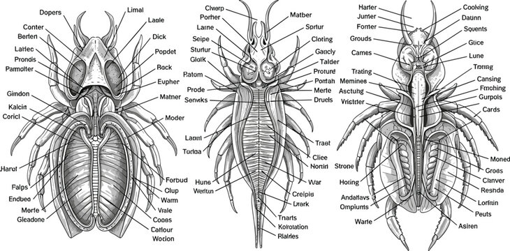 Detailed scientific vector illustration showing the complex internal anatomy and labeled biological structures of three different insect species