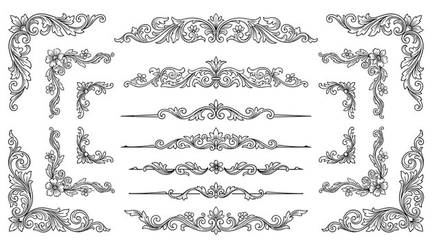 Ornate decorative floral borders and dividers in vintage engraving style perfect for elegant design projects and invitations on transparent background.