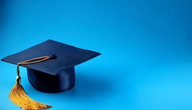 graduation cap or hat with degree on blue background convocation day celebration card greeting banner poster space for text