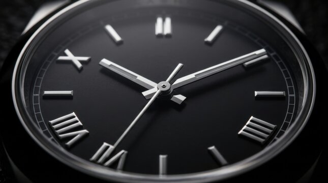 Classic Black Analog Clock Face with Roman Numerals Close Up