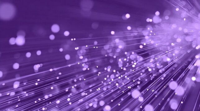 Abstract purple fiber optic cables glowing with data light particles and bokeh circles for high speed internet technology and digital communication network background for telecommunications art.