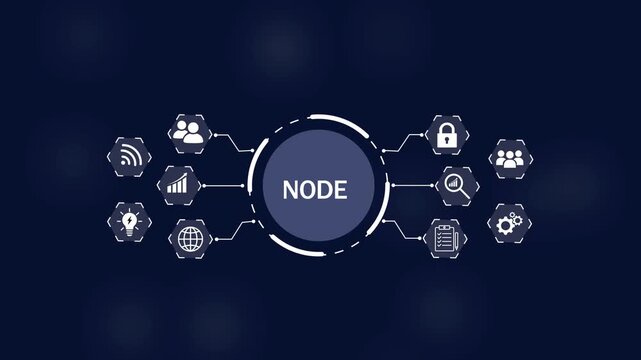 Central dark circle with the word NODE in white text surrounded by a network of white hexagonal representing connectivity on Black Background and features 4k Motion graphics video