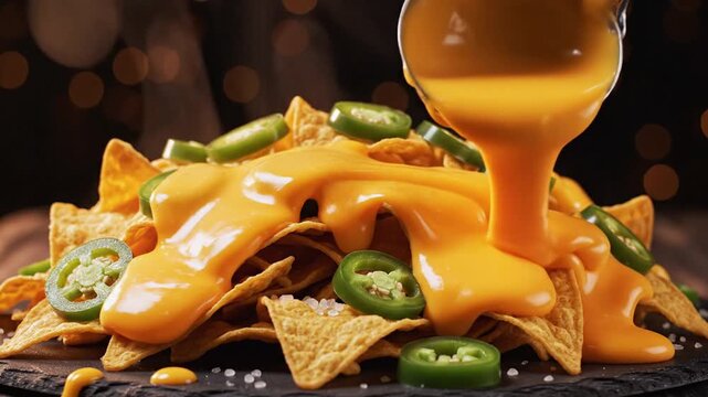 Metal ladle pouring thick vibrant orange melted cheese sauce over a heap of crunchy corn tortilla chips topped with fresh green jalapeno slices and salt on a dark textured surface.