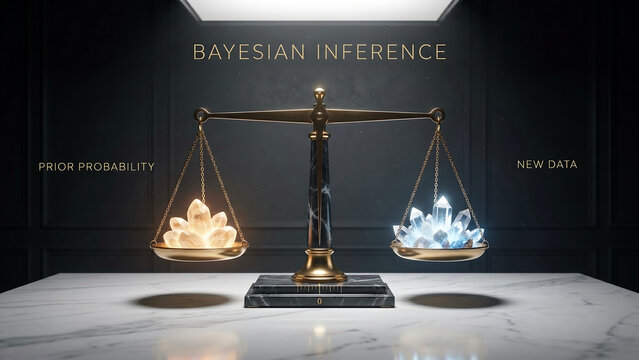 Bayesian inference scale with crystals on marble table in dark room  science concept