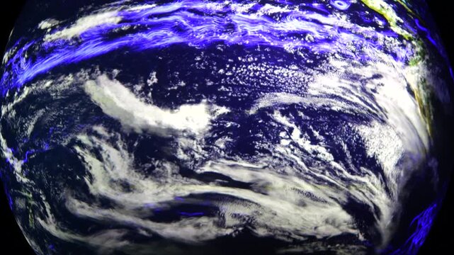 Detailed satellite view of the planet earth rotating, showing the pacific ocean, south america, and antarctica with visible weather patterns and the powerful atmospheric jet stream currents