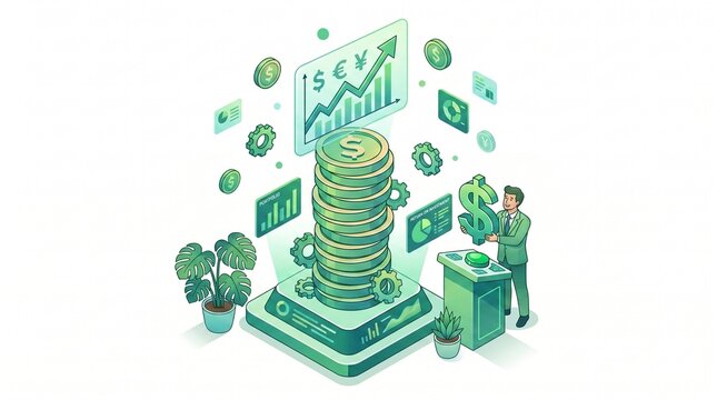 Business Investment Growth Concept with Dollar Coins Stack and Financial Analytics Illustration