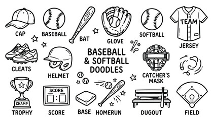 Fototapeta premium Set of baseball and softball doodles with text, including cap bat glove ball jersey helmet cleats on transparent.