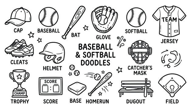 Set of baseball and softball doodles with text, including cap bat glove ball jersey helmet cleats on transparent.