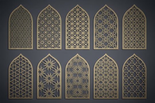 Collection of ten decorative golden arched window screens with diverse Islamic geometric patterns