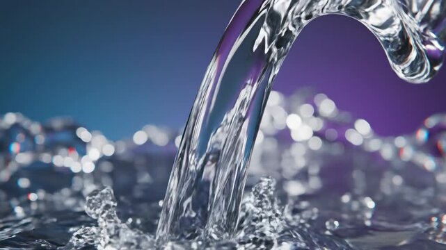 Crystal-clear liquid cascades and splashes dynamically, creating refractive light patterns and mesmerizing bokeh effects against a vibrant, gradient sky, evoking purity and fluidity