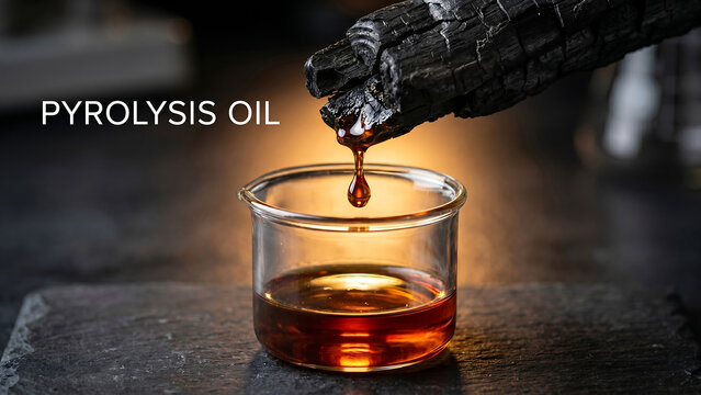 Pyrolysis oil dripping from a piece of charred wood into a glass beaker on a dark surface in a laboratory setting with a warm glow  energy production and biomass conversion concept