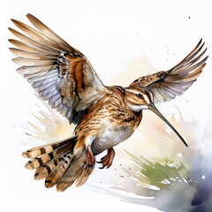 Fototapeta premium bécassine, forêt, sauvage, en vol, colvert, oiseau, animal, nature, faune, bec, sauvage, coloré, couleur, dépaysant, ailes, chasse, gibier, illustration, aquarelle, 