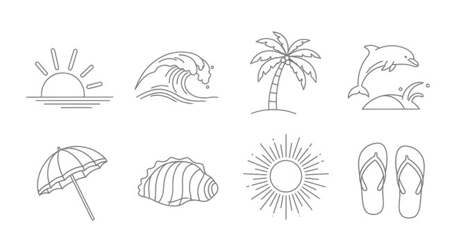 Summer Vacation Icons: Sun, Wave, Palm Tree, Dolphin, Umbrella, Shell, Sunburst, Flip-flops