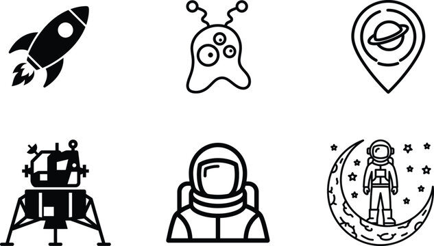 Astronaut space icons with rocket and alien  space exploration symbols