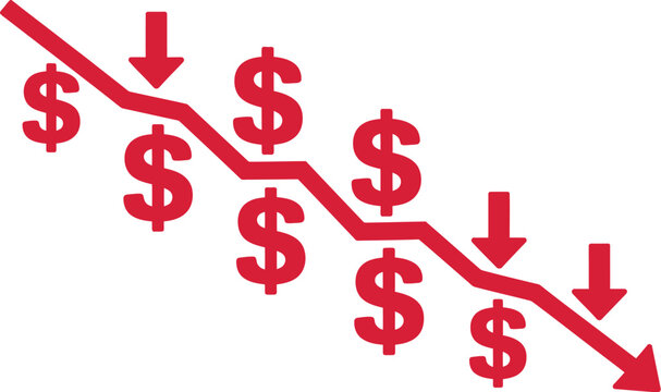 Financial crisis vector illustration red downward arrow graph dollar recession loss
