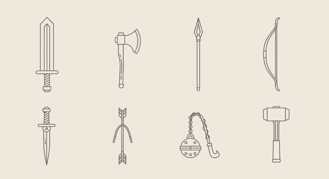 Medieval Weapons Set: Sword, Axe, Spear, Bow, Dagger, Flail, Hammer