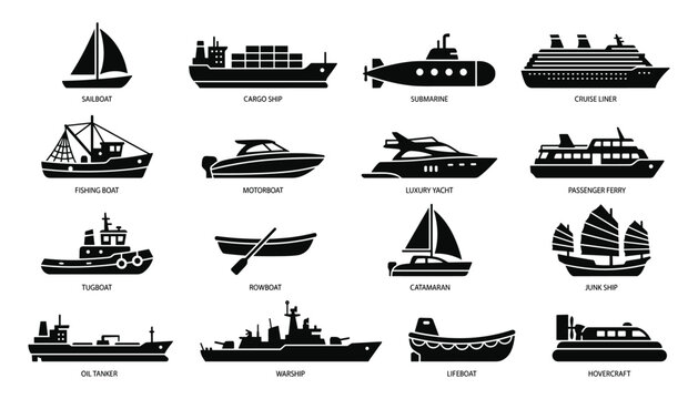 Collection of watercraft with names, various boats and ships on transparent background vector illustration.