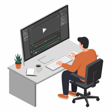 Professional video editor working on post-production software using a desktop computer, isometric illustration.