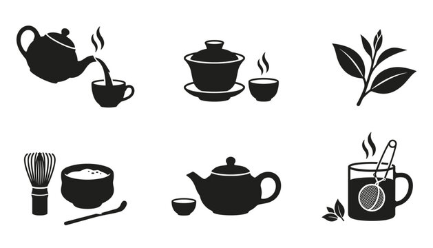 Collection of tea ceremony icons featuring teapots cups matcha set and tea leaves on transparent vector background.