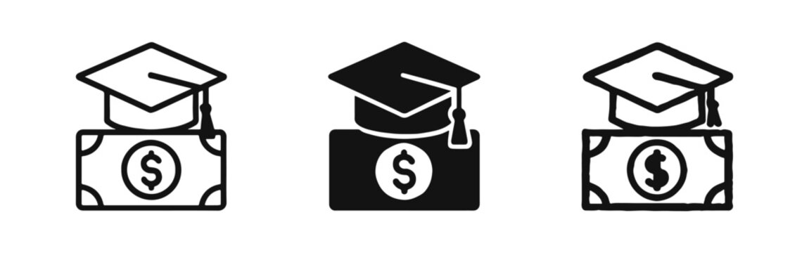 Scholarship and Education Funding Icon Set Featuring Graduation Cap and Dollar Bill