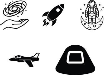 Black and white space and astronomy related icons including hand holding galaxy rocket astronaut on moon jet and volcano © Saidurra12