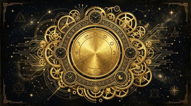 Intricate Gold Steampunk Clockwork Mechanism on Black Background
