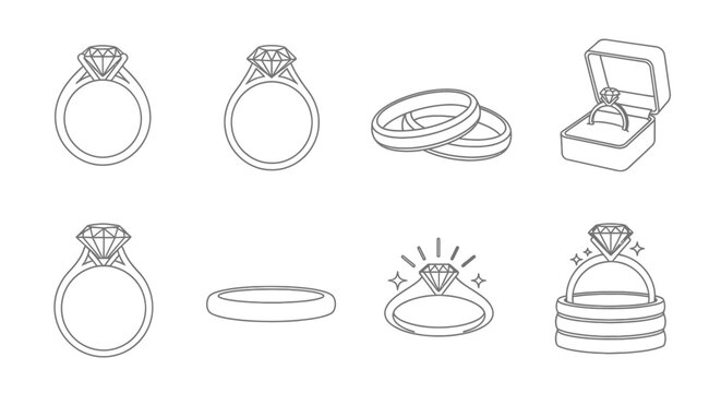Diamond Ring Icon Set: Engagement, Wedding, Jewelry Design Elements