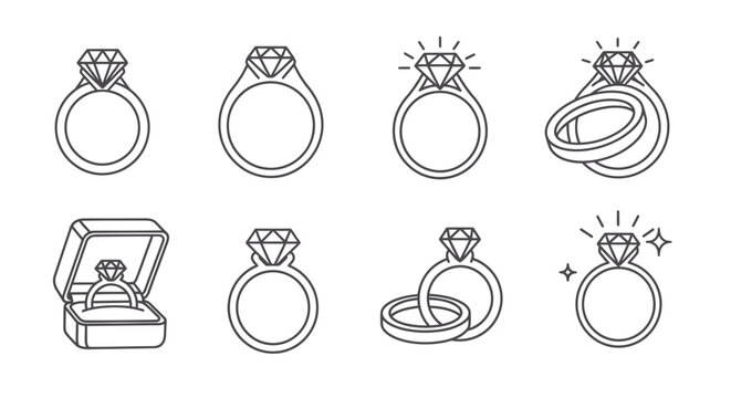 Diamond Ring Icons: Engagement, Wedding, Jewelry Collection Set